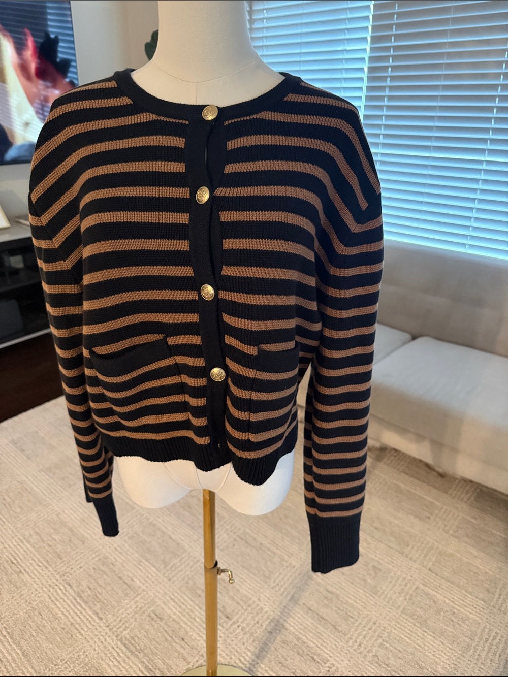 Striped Black and Brown Button-Front Women's Sweater